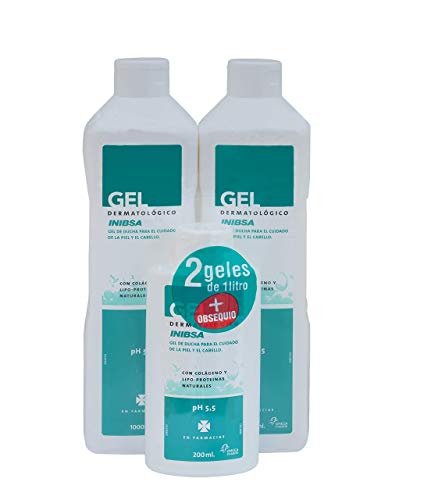 Geles Inibsa - Gel de ducha para el cuidado de la piel y el cabello, Ahorro Pack Dermatológico 2x1L + gel 200ml