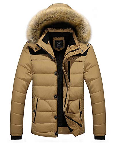 GUOCU Hombre Invierno Abrigo Casual Chaqueta Acolchada con Capucha Forro Más Terciopelo Calentar Slim Fit Chaquetas de Pluma Caqui M