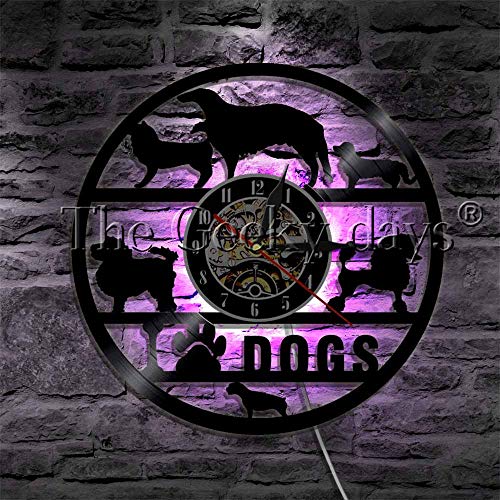 GVC 1Piece I Love Dogs Vinyl Record Reloj de Pared Luz Colgante LED Diferentes Razas de Perros Salón de Belleza Tienda de Mascotas Cachorro Luz Nocturna LED