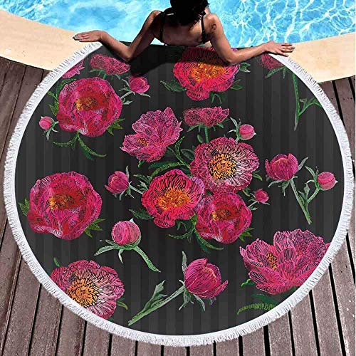 Hancal Toallas de Playa Redondas para Adultos, Bordado de Flores de imitación Vintage Rose Bulb Peony Sketch Bouquet Fondo de Rayas Negras 59 '