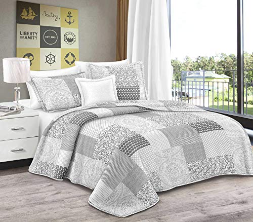 HaraDeco Colchas Bouti Cama 150 Cubrecama Reversible Estampada Acolchado Relleno Fino con Dos Fundas De Almohada 50x70 cm (Gris Patchwork, Cama 150)