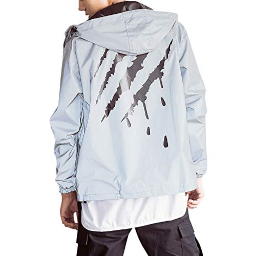 HCFKJ Chaqueta Reflectante Hombre/Mujer Harajuku Impermeables Rap Chaqueta de Calle con Capucha (XL, Gris A)