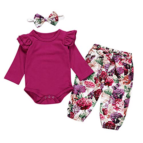 HCFKJ Ropa Bebe NiñA Invierno NiñO Manga Larga Camisetas Beb Conjuntos Moda Fruncido Mameluco Mono Floral ImpresióN Pantalones Diadema Conjuntos (3-6 Meses, Rosa)