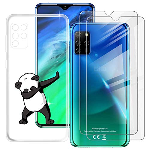 HHUAN Funda + 2 Piezas Cristal Templado para Elephone E10 (6.50"), HD Protector Pantalla + Transparente Cover Suave Silicone Caso Bumper TPU Case Carcasa - Panda Fresco