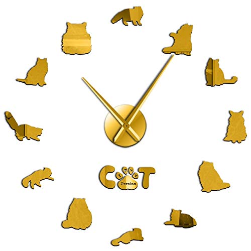 HIDFQY Gato Persa Gran Reloj de Pared de Bricolaje Gato Persa de Pelo Largo cría silencioso Reloj de Pared 3D con Etiqueta de Espejo de Gatito Gato iraní 37 Pulgadas de Oro