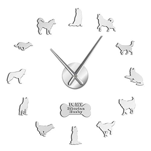 HIDFQY Husky Siberiano Raza de Perro Ruso DIY Reloj de Pared silencioso Grande Papel Autoadhesivo Enorme Colgante de Pared Artista Reloj de decoración del hogar 47 Pulgadas Plata