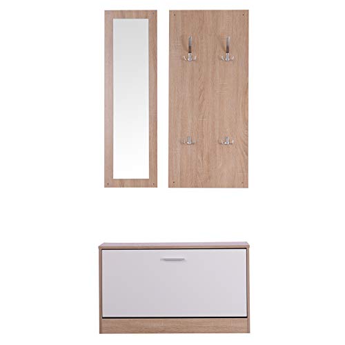 HOMCOM 3 EN 1 Conjunto de Muebles de Entrada Recibidor Pasillo Set de 3 Piezas Perchero Espejo Zapatero Madera