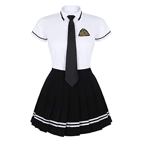 IEFIEL Uniforme Escolar para Niña Chica Disfraz de Colegiala Mujer Conjunto 3PCS Top Blusa Plisada Falda y Corbata S-3XL Blanco S