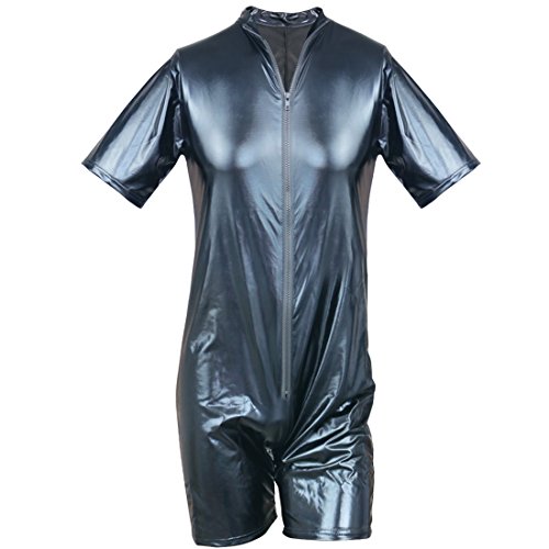 iiniim Sexy Hombre Leotardo de Charol Brillante Cremallera Body Entero Músculo Negro Slim Fit Manga Corta Conjunto Lencería Erótica Bodysuit Ajustado Wetlook Catsuit Mono Adulto Negro S