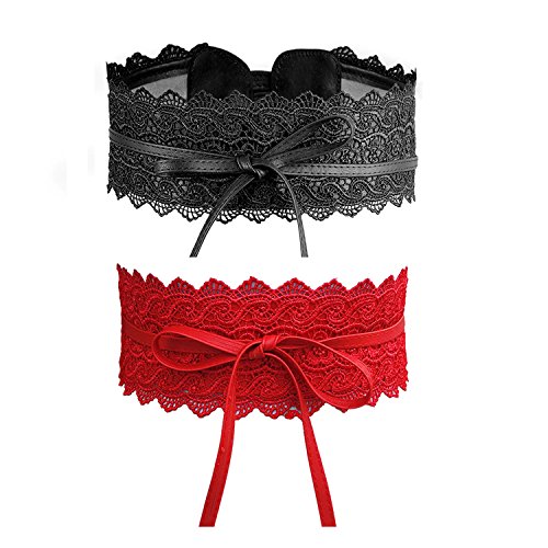 iMixCity 2/4 Paquete Cinturón Ancho Obi Ajustable Cinturón de Cintura de Encaje para Vestidos de Fiesta de Boda (Tamaño Libre, Negro + Rojo)