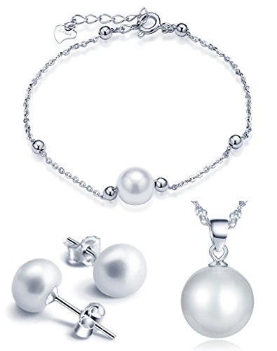 Juegos de Joyas- Yumilok Estilo de Perlas Collares & Pulsera & Pendientes para Mujer de Plata 925 y Perlas, 3 PCS