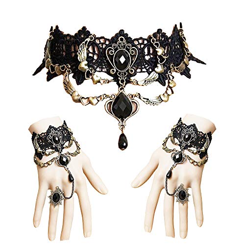 Jurxy Conjunto de Collar de Gargantilla de Encaje con Pulsera Punk Fiesta Gótico Hecho a Mano Vampiro Victoriano Esclavo Retro Lolita Colgante Collar Pulsera Pulsera para Mujeres Negras Estilo 2