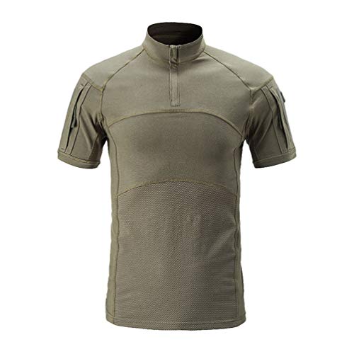 Kaiyei Hombre Camisas Tactica Militar Manga Corta Slim Fit Camuflaje Combate Resistente Desgaste Camisetas con 1/4 Cremallera Camping Caceria Bosque Verde Militar XL