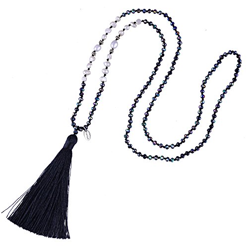 KELITCH Cristal Bead de agua dulce Perlas Largo Cadena Collar con Borla Colgante - Negro