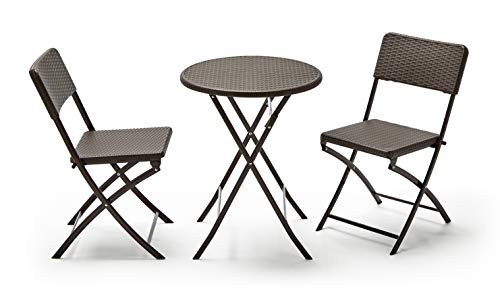 KitGarden - Conjunto Balcón/Terraza Plegable, 1 mesa redonda + 2 sillas, Marrón Imitación Ratán, Lux Balcon 60R