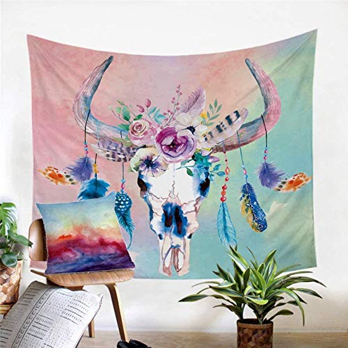 kjbfkghj Tapiz，Ropa de Cama Calavera Pluma Hippie Acuarela Alfombra de Pared Mandala Colgante de Pared Floral Rosa Azul Colcha decoración de la Pared -39x59 Pulgadas (100x150cm)