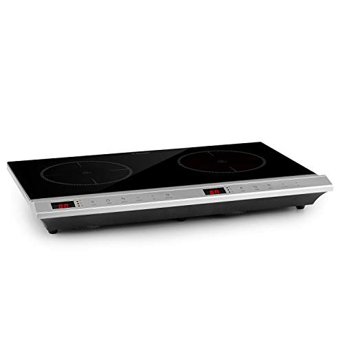 Klarstein MisterCook Duo placa de cocina infrarrojo - 2 zonas de cocción, 3000 W, 10 niveles de potencia y temperatira, 90-650 °C, Programable, Control táctil, No se recalienta, Plateado