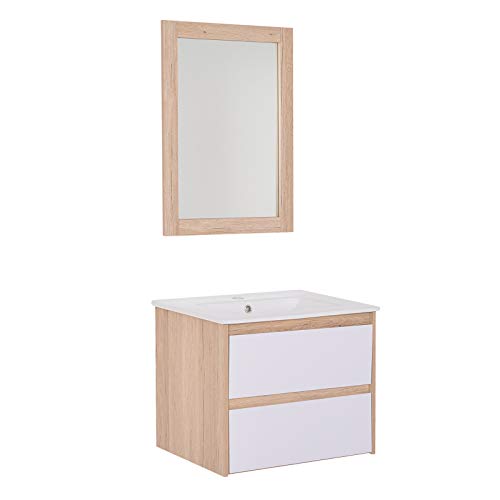 kleankin Conjunto Mueble de Baño Incluye Mueble Lavabo 2 Cajones Lavamanos de Cerámica Espejo a Juego Estilo Moderno Colgar a La Pared Color Roble Blanco Plateado Medida del Mueble 59x45x48cm