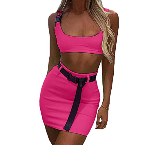 Kunfang Mujeres Conjuntos de Dos Piezas Hebilla de Neón Verde Camisetas Sin Mangas Sexy Cintura Alta Faldas Elásticas Bodycon Casual Crop tee Top Conjunto de Traje