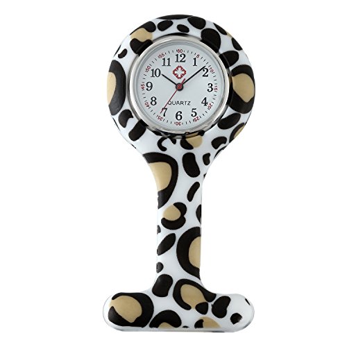 Lancardo Reloj de Bolsillo de Silicona Reloj Médico de Doctor Enfermera Paramédico Prendedor de Broche Uniforme con Dibujos Multicolores Dial Desmontable Movimiento de Cuarzo (Leopardo Blanco)