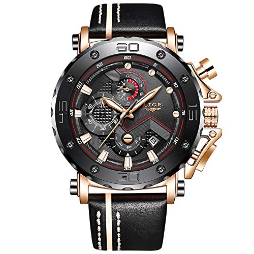 LIGE Relojes para Hombre Reloj Deportivo de Cuarzo analógico a Prueba de Agua para Hombre Oro Cronógrafo Dial Grande Moda Militar Reloj de Caballero de Cuero Negro