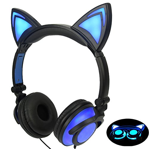 Limson Auriculares para Niños con Orejas de Gato, Auriculares Recargables Plegables con Luces LED Auriculares para Niña y Niño, Compatible con iPad, Tableta, iPhone, Android (Azul)