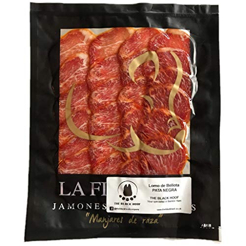 Lomo Iberico de Bellota - 100 Gramos de Lomo Iberico de Bellota Pata Negra loncheado - de Cerdos 100% Ibericos Alimentados con Bellotas