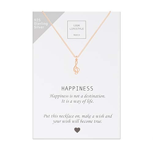 LUUK LIFESTYLE Collar de plata de ley 925 con colgante de clave de sol y cita Happiness, joya de mujer, tarjeta de regalo, amuleto, rosé