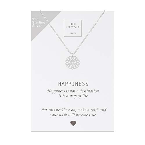 LUUK LIFESTYLE Collar de plata de ley 925 con colgante de mandala y cita Happiness, joya de mujer, tarjeta de regalo, amuleto, plata