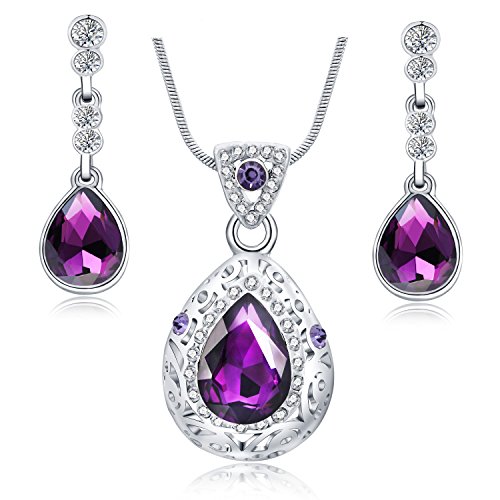 Majesto Juego de Joyas - Conjunto Colgante de Collar en Forma de lágrima Morado y Pendientes para Mujer Adolescente niña pequeña mamá - Accesorio de joyería de Regalo Premium 18ct Chapado en Oro