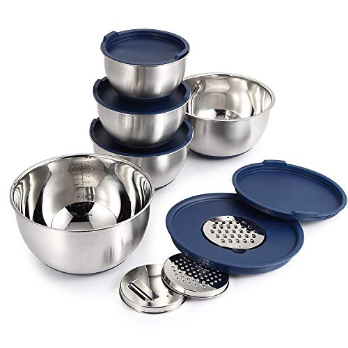 Mari Chef Set 5 Tazones de Mezcla Acero Inoxidable | Ensaladeras 1L-2L-2.5L-3L-4.5L | Cuencos con Rallador, Base de Silicona Antideslizante y Tapas | Preparación de Ensaladas, Recetas y Almacenamiento