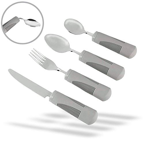 Medipaq Juego de Cubiertos Ponderados – Cubiertos Flexibles para Ancianos Discapacitados Enfermos de Parkinson o con Temblores – 1 Set de Cubiertos Estables - Gris - Cuchillos de Mesa no Se Doblan