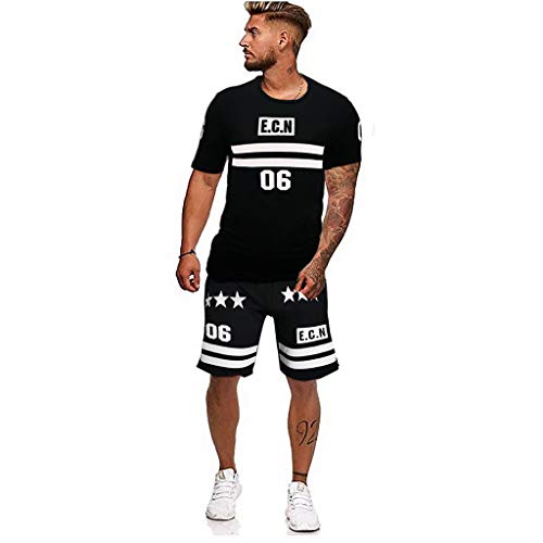 MEIbax Conjunto de Pantalones Cortos de Manga Corta de los Hombres T Shirt+Pantalones,Camisetas de Simple Impresión Cuello Redondo Suelto Verano Blusa Transpirables Cómodo Camisa Tops Deportiva