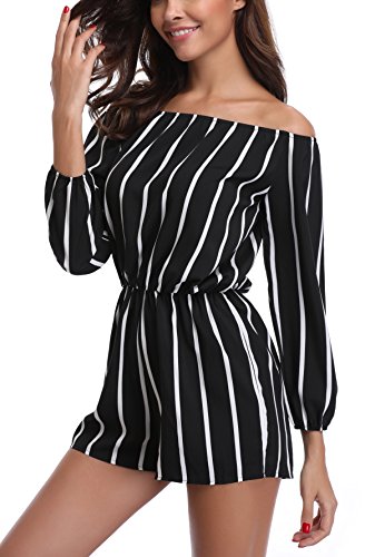 MISS MOLY Mono A Rayas Mujer Fiesta Sexy Manga Larga de Noche Trabajo Mamelucos básicos Bodysuit Pantalones Negro X-Large