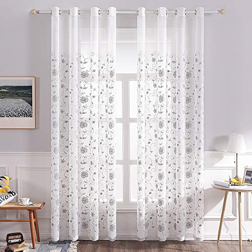 MIULEE 2 Unidades Cortinas Bordado Translucida de Dormitorio Moderno Ventana Visillos Rayas Salon Paneles con Ojales Plateados para Sala Cuarto Comedor Salon Cocina Habitación 140x245cm Flor Gris