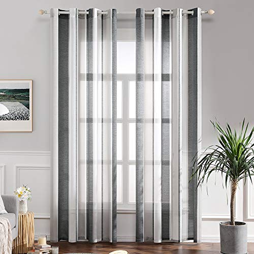 MIULEE Cortinas Translucida de Dormitorio Moderno Ventana Visillos Rayas Salon Paneles con Ojales Plateados para Sala Cuarto Dormitorio Salon Habitación 140 x 175 cm, 2 Unidades Blanco+Negro