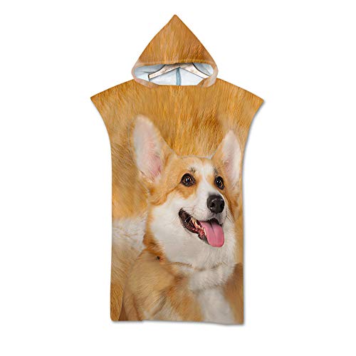 Morbuy Toalla De Baño con Capucha Poncho Toalla Adulto, Surf Microfibra Albornoz Robe con Capucha Ligero Natación Toalla Playa, Impresión 3D de Mascotas (Corgi galés Blanco Amarillo,75 * 110cm)