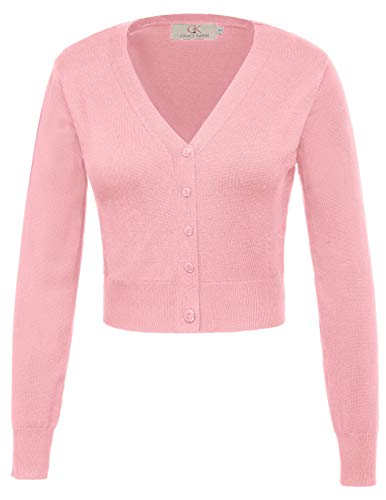 Mujeres Chaqueta Corta de Punto Manga de Nueve Punto Rebecas Escote en V Bolero Cárdigan Rosa S CLAF20-5