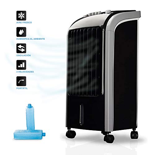 Newteck - Climatizador Evaporativo Portátil Wind Pure: Enfría, Ventila y Humidifica. Ventilador de Pie (4L) con 3 Velocidades, Oscilación 120º y Filtro Anti-Bacterias. Incluye 2 Packs de Hielo