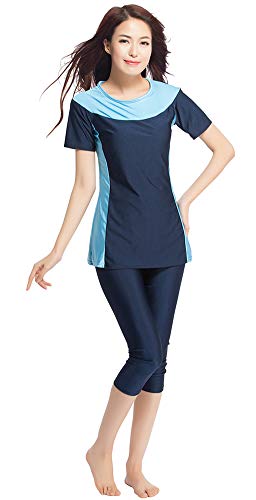 Nuevo Muslim Swimwear Traje de Baño Musulmán Traje Islámico de Mujer de Manga Corta Modesto Swimsuit Ropa de Playa Burkini (Azul, XL)