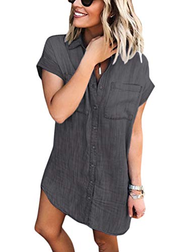 Onsoyours Vestido Denim Retro Cuello En V hasta La Rodilla Vestidos Casual Túnicas Sueltas Verano Playa Camisa Larga Blusa Vaquera Casuales Midi Manga Corta Vestido A Gris 34