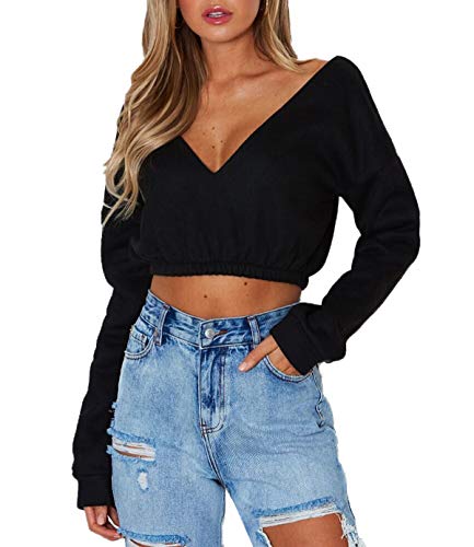 OUFour Primavera y Otoño Mujeres Crop Top Cuello V Manga Larga Remata Suéter Blusa Casual Colores Lisos Jerseys Sudadera Jumper Pulóver