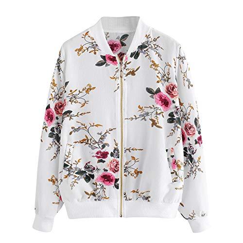 Overdose Las Nuevas SeñOras De Las Mujeres Retro Floral O-Cuello Zipper Up Bomber Mejor Venden Chaqueta Casual Outwear (S, M-Blanco)