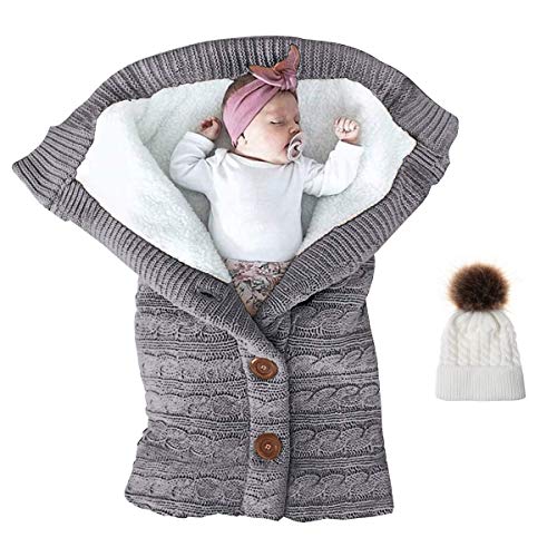 PaisDola Conjunto de manta y sombrero Swaddle Saco de dormir infantil con envoltura de cochecito de vellón (Grey)