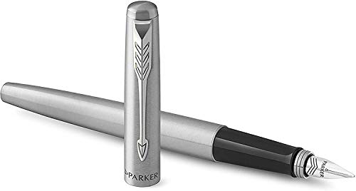 Parker Jotter - Pluma estilográfica, cuerpo de acero inoxidable con adorno cromado, plumín mediano y tinta azul, en estuche de regalo