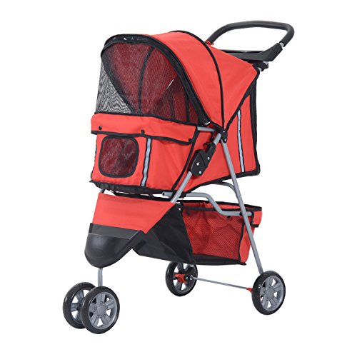 PawHut Cochecito Plegable Mascotas 75x45x97cm Perros Gatos Carrito Ruedas giran 360º Rojo