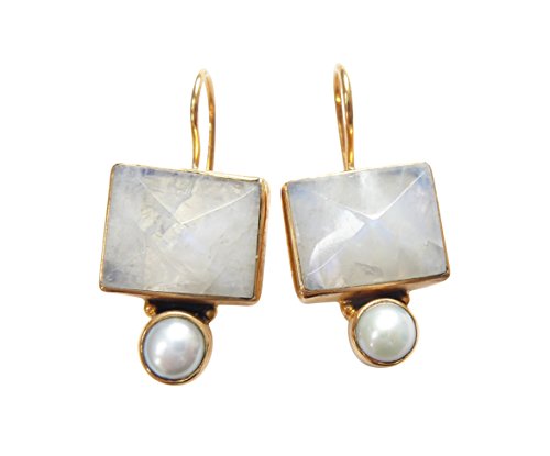 Pendientes rectangulares de piedra de luna de color azul claro con perla brillante, cierre de gancho de plata chapada en oro, hecho a mano único, hecho en Italia, Florencia, regalo retro