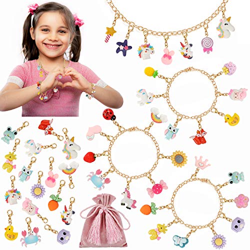 PHOGARY Kit de Pulsera y Collar para Niñas, Colgantes de Frutas Animales de Unicornio con Cadenas de Oro, Bolsa Rosa - kit de fabricación de joyas lindas para niños, regalo de bricolaje