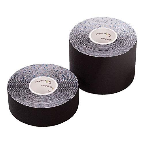 PhysioRoom Kinesiology Tape Black 5cm x 5m - Terapéutica, Soporte, Compresión, Lesiones Deportivas, Tensuin Muscular, Distorsión de las Articulaciones, Elástica, Sensible al Calor, Promueve la Curación, No Restricciones de Movimiento