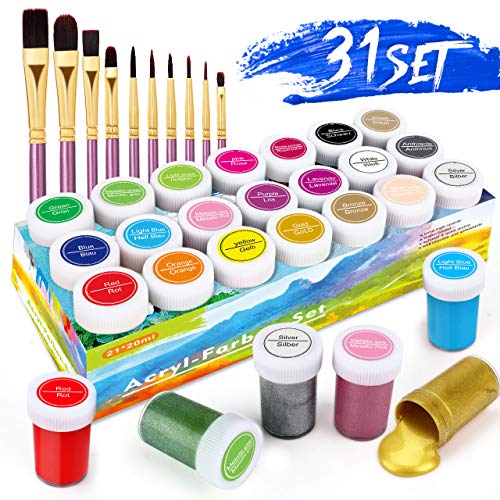 Pinturas Acrílicas, 31 Conjunto de Prima Caja de Pintura Acrílica Incluso 21 x 20 ml de Pigmento Acrílico +10 Pincel-No tóxico & Colores Vibrantes Pintura Acrilica para Papel, Roca, Madera, Cerámica